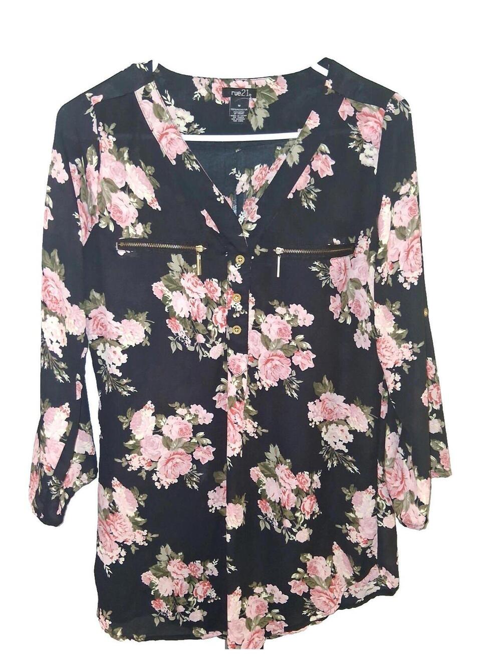 Forever 21 Gorgeous Tunic Size M Floral Blouse Shirt Top w/ Zippers